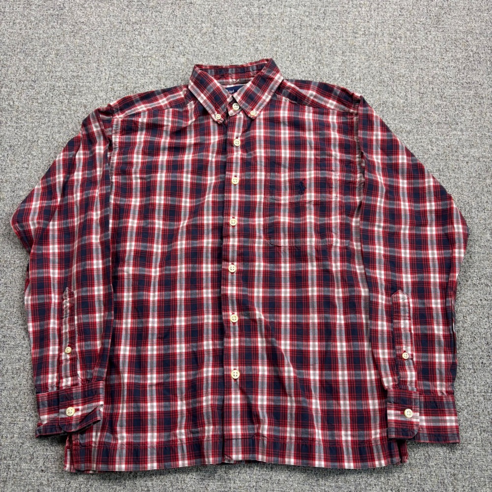 Ralph Lauren Kids Red Navy Blue Plaid Button Down Shirt Size S Cotton Pony Logo